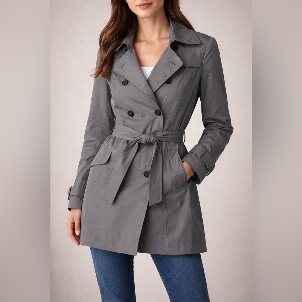 DKNY Gray Belted Trench Coat Medium Classic Double Breasted